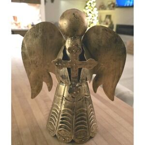 VTG Inspired Metal angel figurine with a cross Finish  9.5" Antique Brass